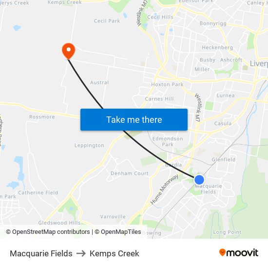 Macquarie Fields to Kemps Creek map