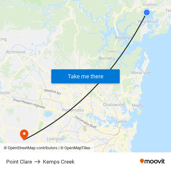 Point Clare to Kemps Creek map