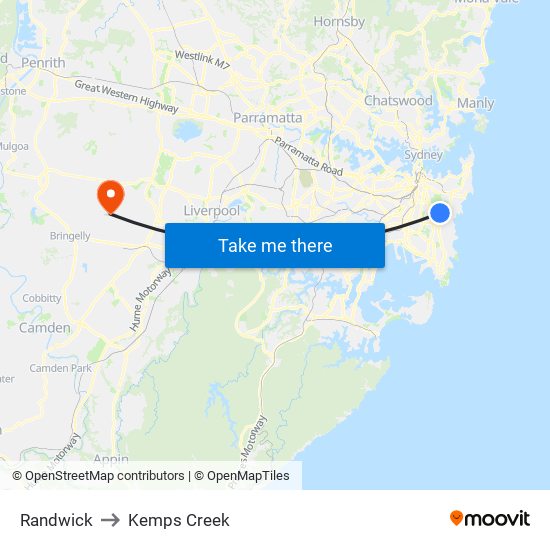 Randwick to Kemps Creek map