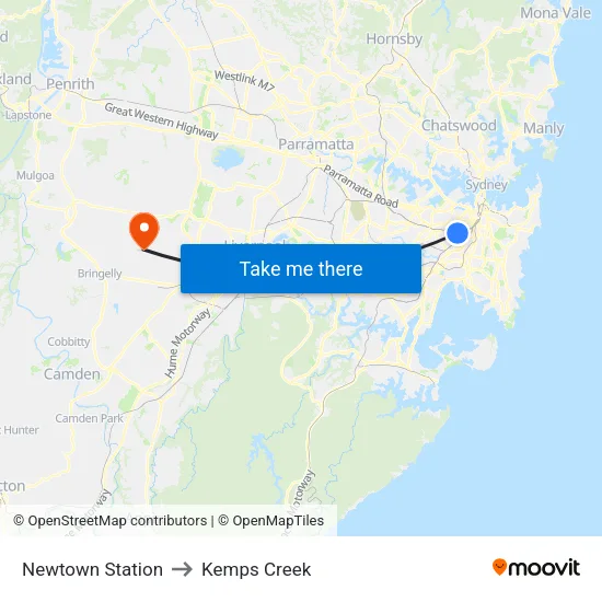 Newtown Station to Kemps Creek map