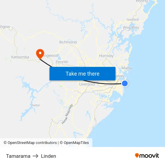 Tamarama to Linden map