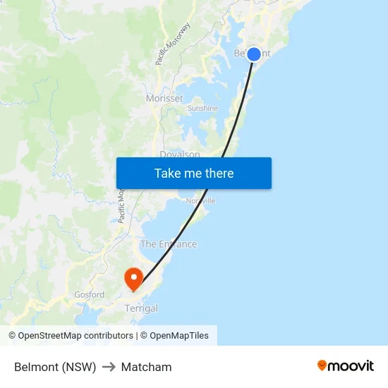 Belmont (NSW) to Matcham map