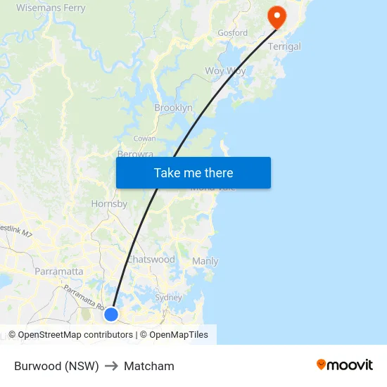 Burwood (NSW) to Matcham map
