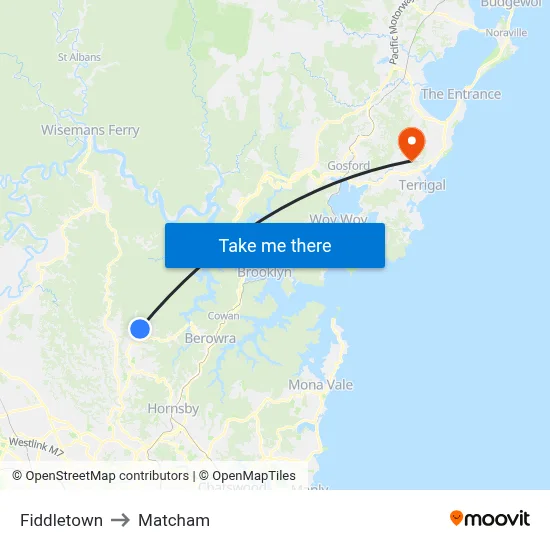 Fiddletown to Matcham map