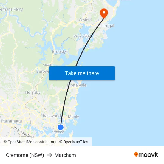 Cremorne (NSW) to Matcham map