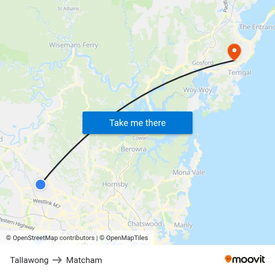 Tallawong to Matcham map