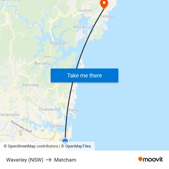 Waverley (NSW) to Matcham map