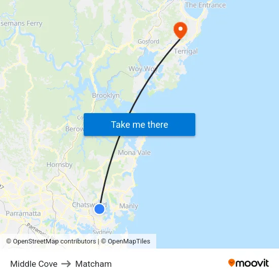 Middle Cove to Matcham map