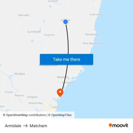 Armidale to Matcham map