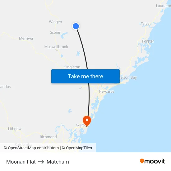 Moonan Flat to Matcham map