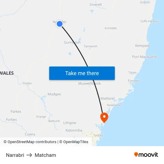 Narrabri to Matcham map