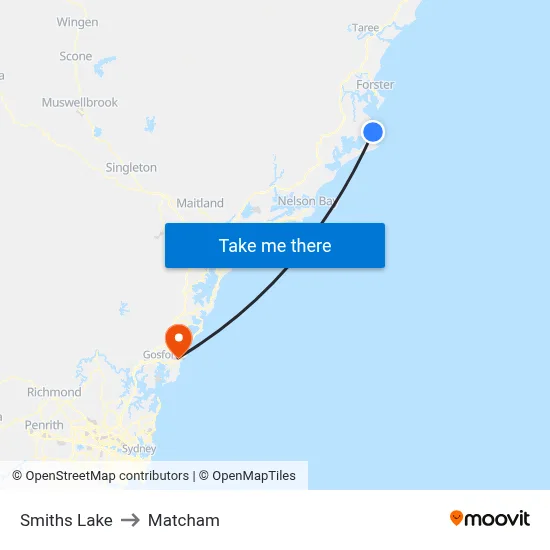 Smiths Lake to Matcham map