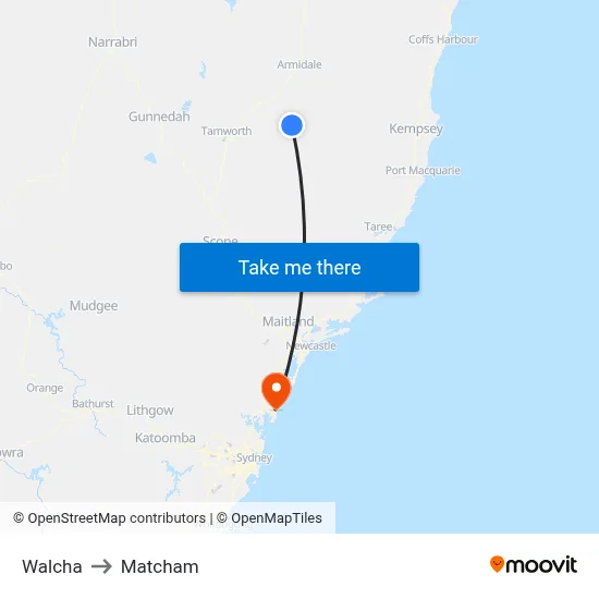 Walcha to Matcham map