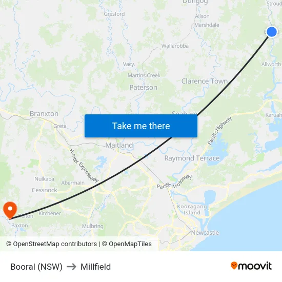 Booral (NSW) to Millfield map