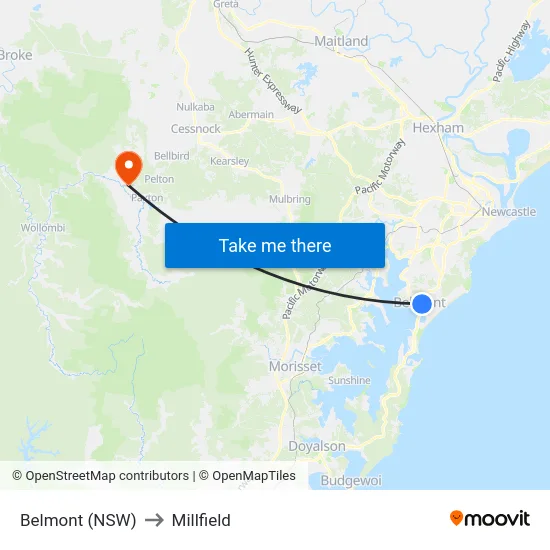Belmont (NSW) to Millfield map