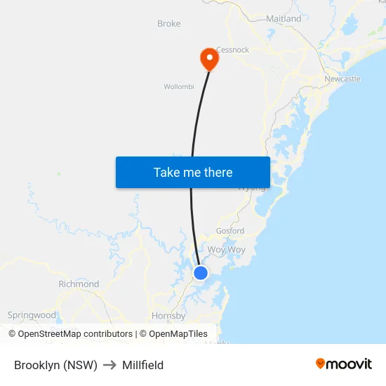 Brooklyn (NSW) to Millfield map