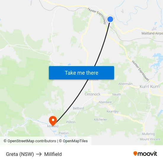 Greta (NSW) to Millfield map