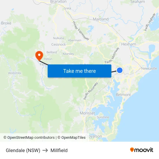 Glendale (NSW) to Millfield map