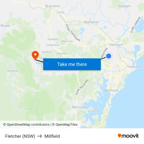 Fletcher (NSW) to Millfield map