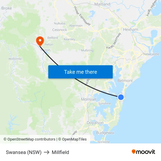 Swansea (NSW) to Millfield map