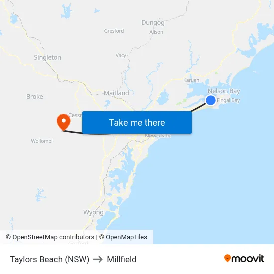Taylors Beach (NSW) to Millfield map