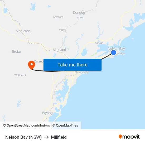 Nelson Bay (NSW) to Millfield map