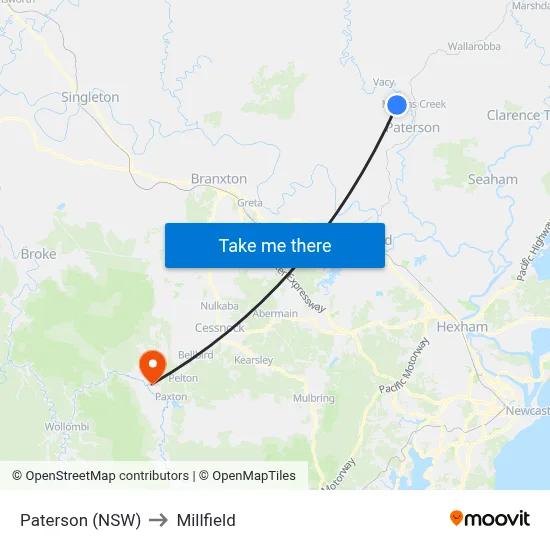 Paterson (NSW) to Millfield map