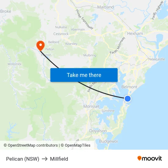 Pelican (NSW) to Millfield map