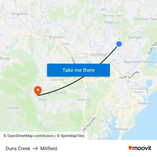 Duns Creek to Millfield map