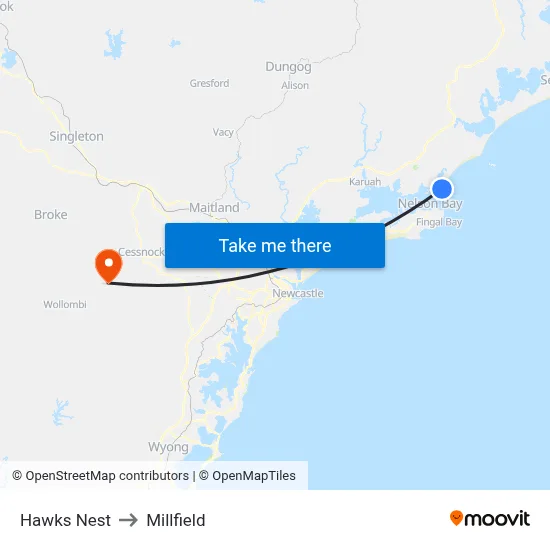 Hawks Nest to Millfield map