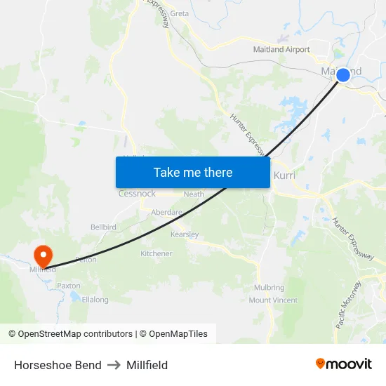 Horseshoe Bend to Millfield map