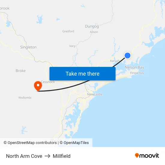 North Arm Cove to Millfield map