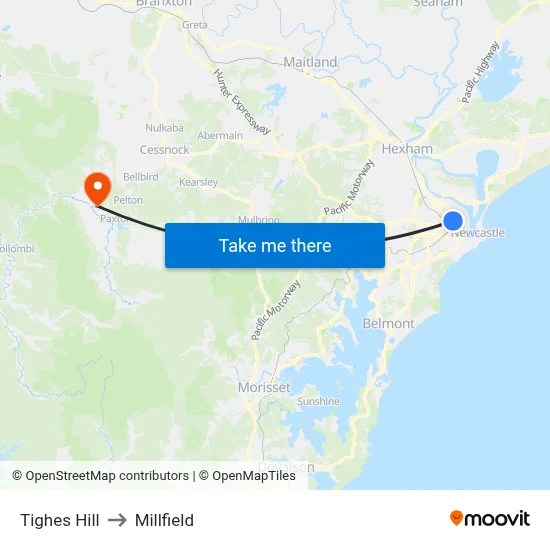 Tighes Hill to Millfield map