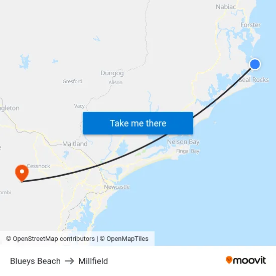 Blueys Beach to Millfield map