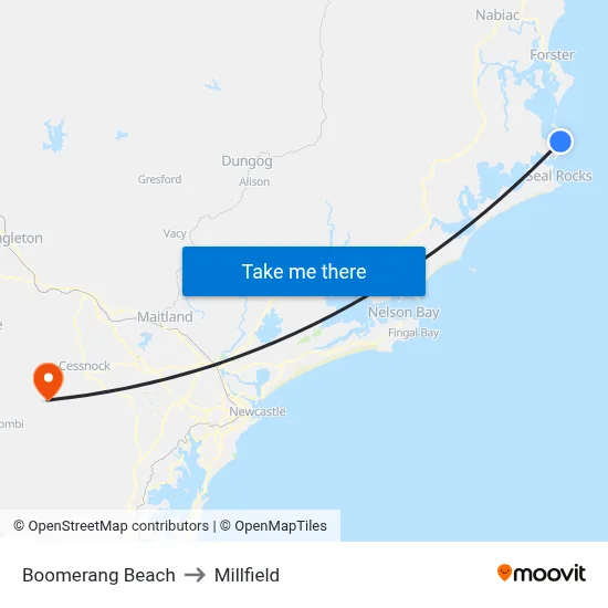 Boomerang Beach to Millfield map