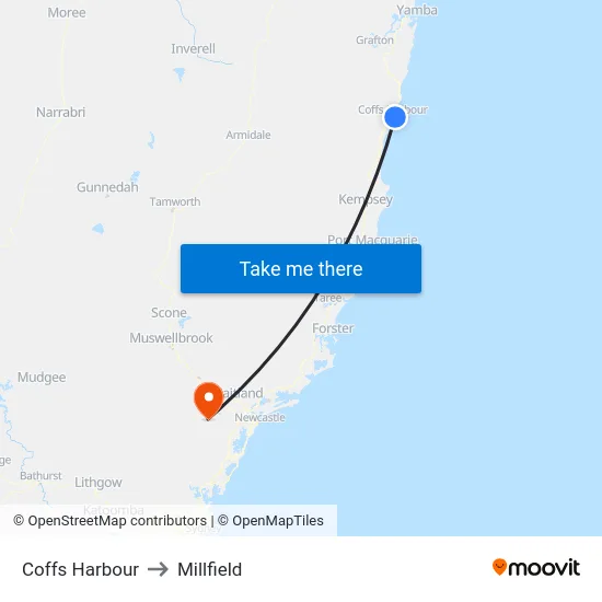 Coffs Harbour to Millfield map