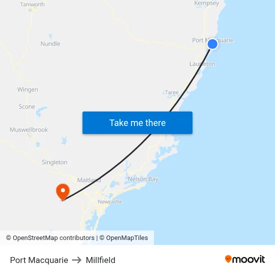 Port Macquarie to Millfield map