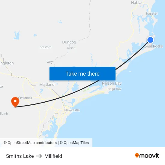 Smiths Lake to Millfield map