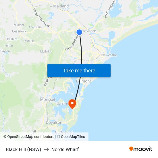 Black Hill (NSW) to Nords Wharf map