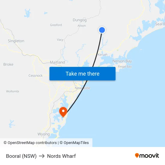 Booral (NSW) to Nords Wharf map