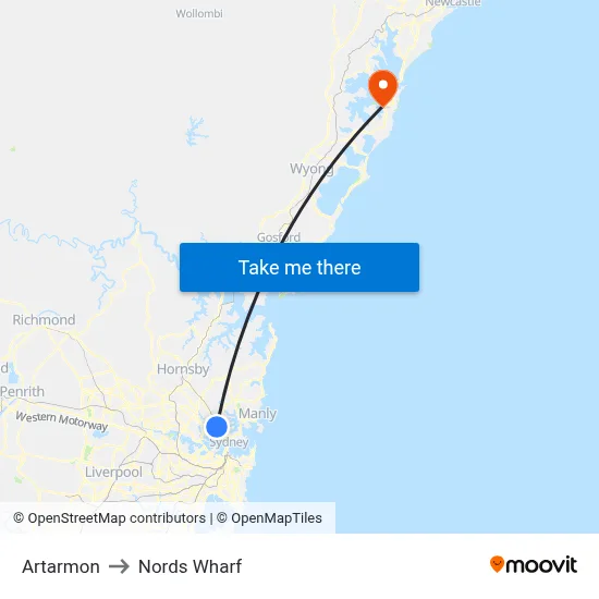 Artarmon to Nords Wharf map