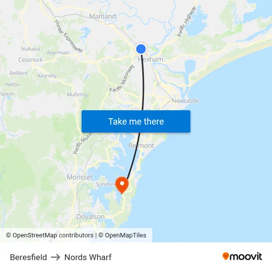 Beresfield to Nords Wharf map