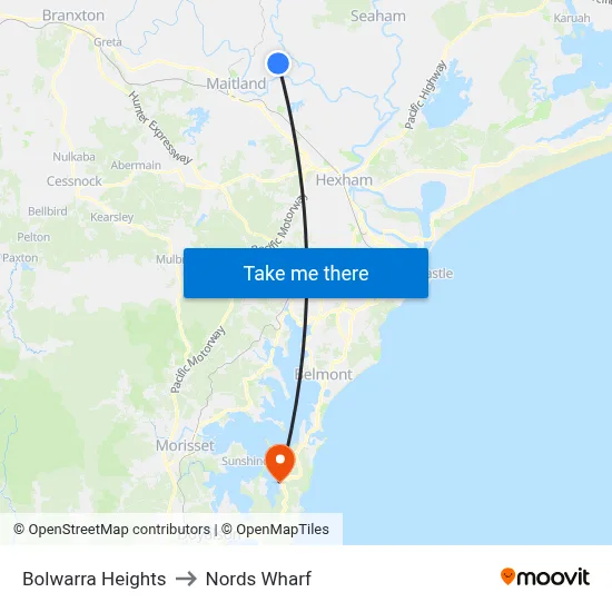 Bolwarra Heights to Nords Wharf map