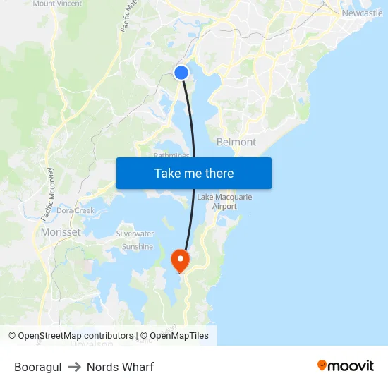 Booragul to Nords Wharf map