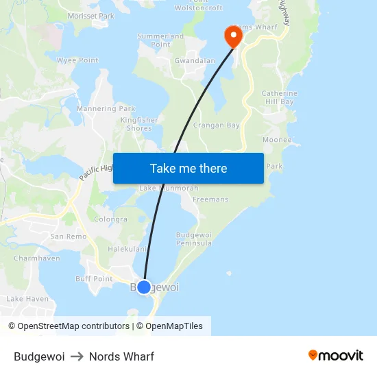 Budgewoi to Nords Wharf map