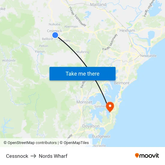Cessnock to Nords Wharf map