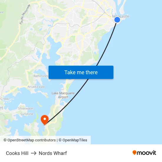 Cooks Hill to Nords Wharf map