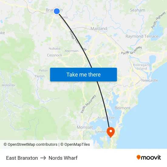 East Branxton to Nords Wharf map