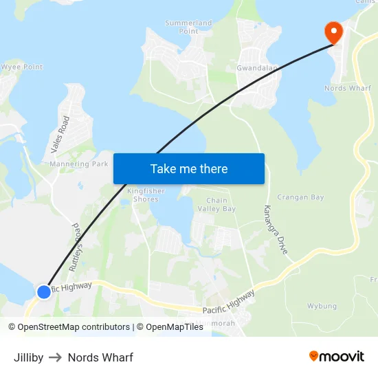Jilliby to Nords Wharf map