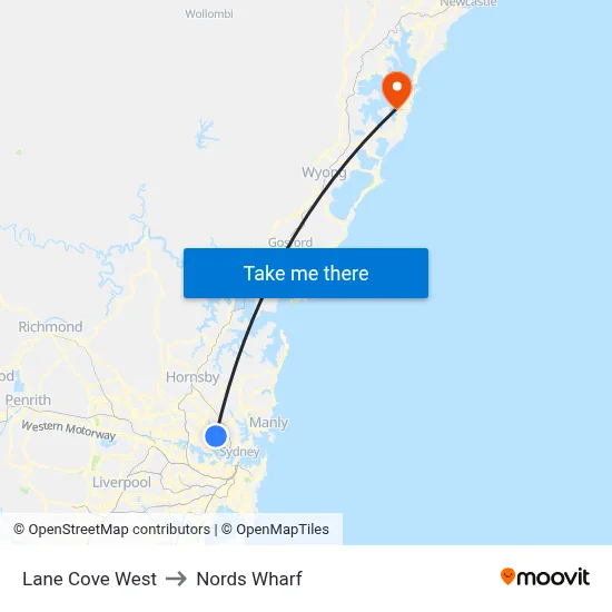 Lane Cove West to Nords Wharf map